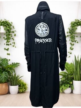 SoulCycle Utility Coat Leather Sleeve “OBSESSED” Graphic RARE Moto Trench [1331]